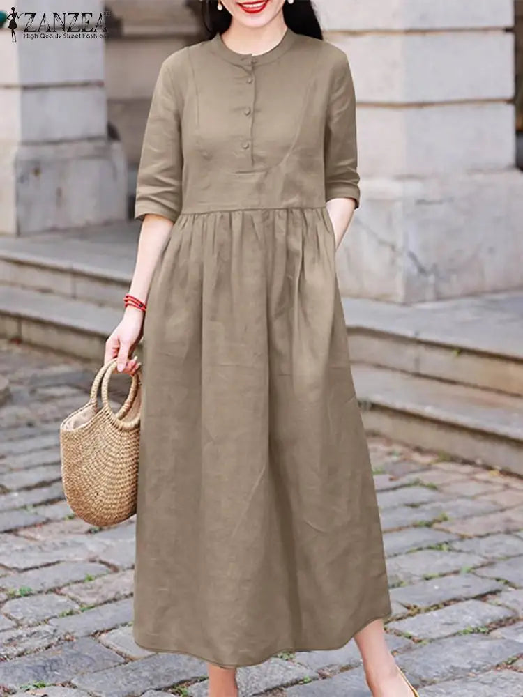 T-line Midi Dress, Half Sleeve, Solid Color, Autumn Pleated, O Neck,  Femme, vacation, summer(2 weeks delivery)