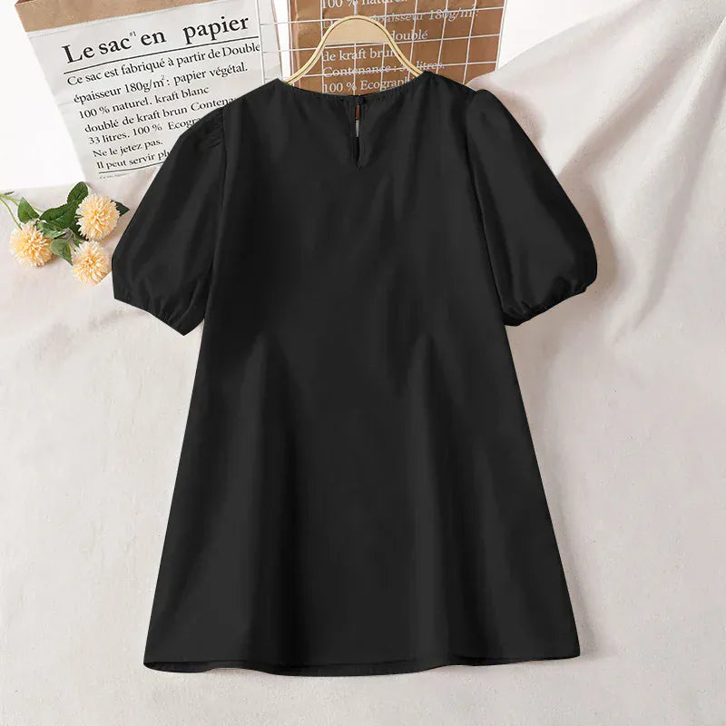 T-line Mini Dress,  Women,  Short Puff Sleeve,  Solid color,  O Neck, Loose,  Holiday / vacation (2 weeks delivery)