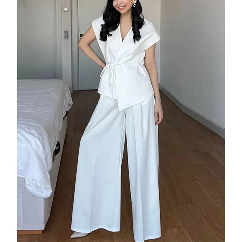 T-line MUJER 2025 Wide Leg Pants Sets for Women 2 Pieces Sleeveless Vest Top Woman Pleated Casual Trousers Sets Two Piece Outfits Woman