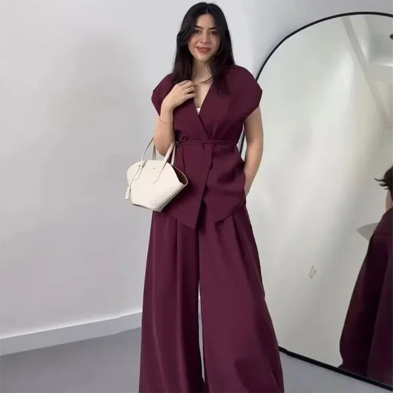 T-line MUJER 2025 Wide Leg Pants Sets for Women 2 Pieces Sleeveless Vest Top Woman Pleated Casual Trousers Sets Two Piece Outfits Woman