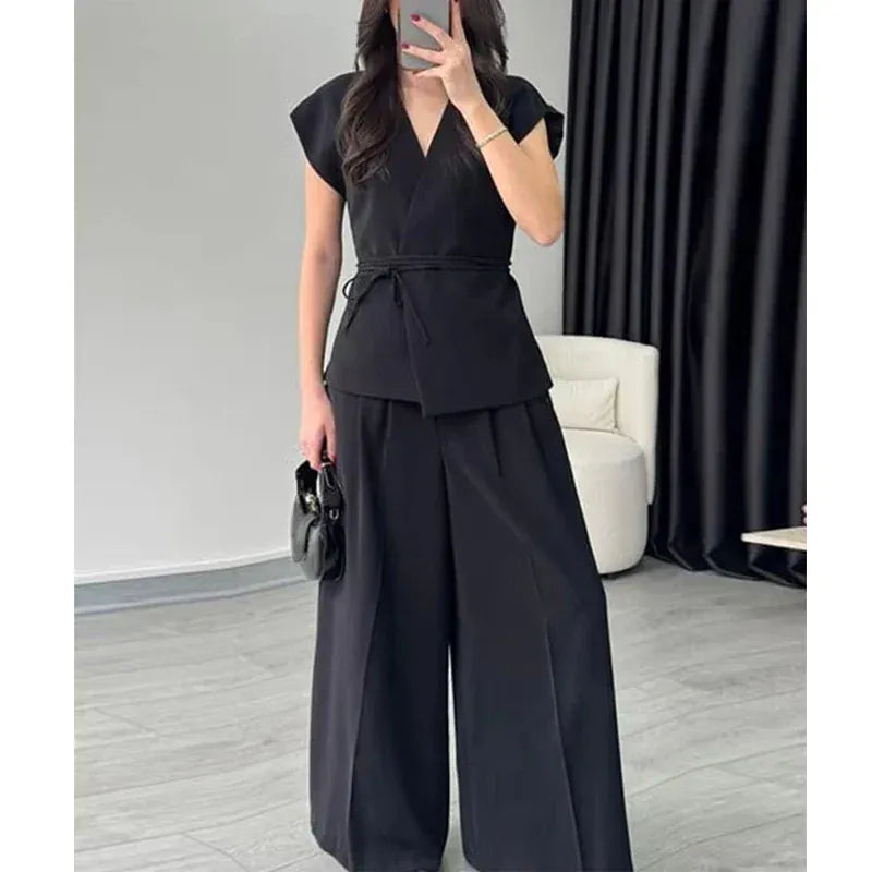 T-line MUJER 2025 Wide Leg Pants Sets for Women 2 Pieces Sleeveless Vest Top Woman Pleated Casual Trousers Sets Two Piece Outfits Woman