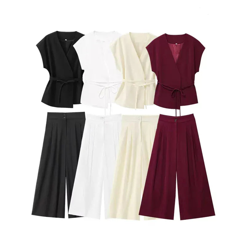 T-line MUJER 2025 Wide Leg Pants Sets for Women 2 Pieces Sleeveless Vest Top Woman Pleated Casual Trousers Sets Two Piece Outfits Woman