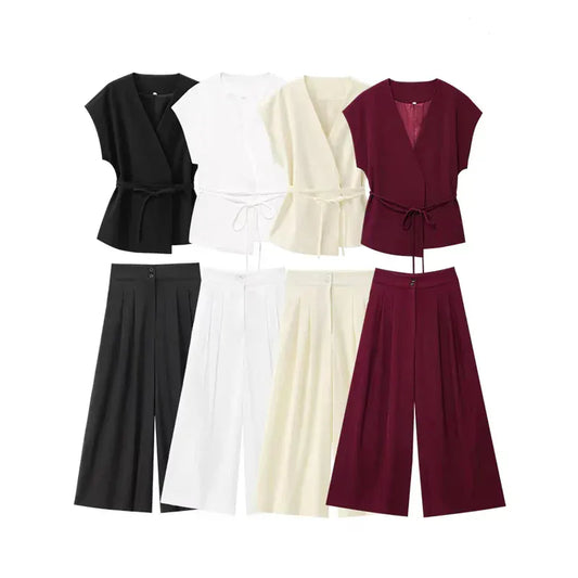 T-line MUJER 2025 Wide Leg Pants Sets for Women 2 Pieces Sleeveless Vest Top Woman Pleated Casual Trousers Sets Two Piece Outfits Woman