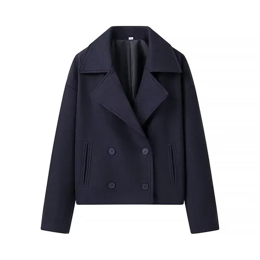T-line Navy Blue / S autumn  women's  long sleeved double breasted short woolen jacket(2 weeks delivery)