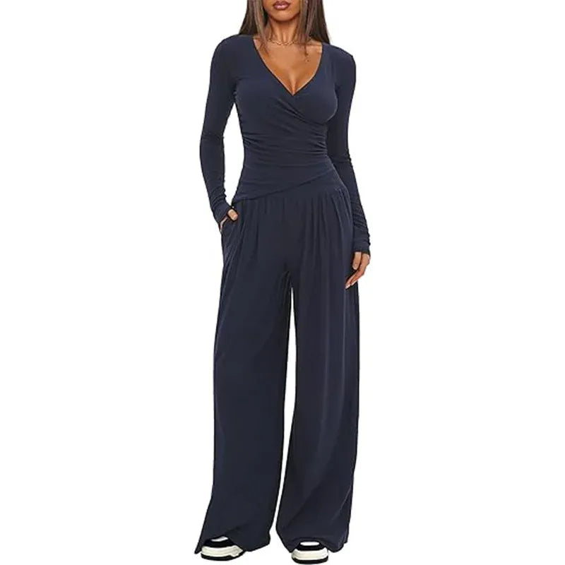 T-line Navy Blue / XS wide leg pants set, women's long sleeves top  (5 - 10  work days free delivery)