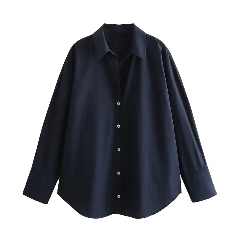 T-line Navy Blue / XS women's  striped, long sleeve, lapel, loose,  poplin shirt multi-color (2 weeks delivery)