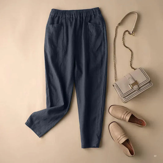 T-line Navy / S Summer Trousers, Women Cotton Pants, Elastic Waist ,Solid color Pant, trouser (2 weeks delivery)