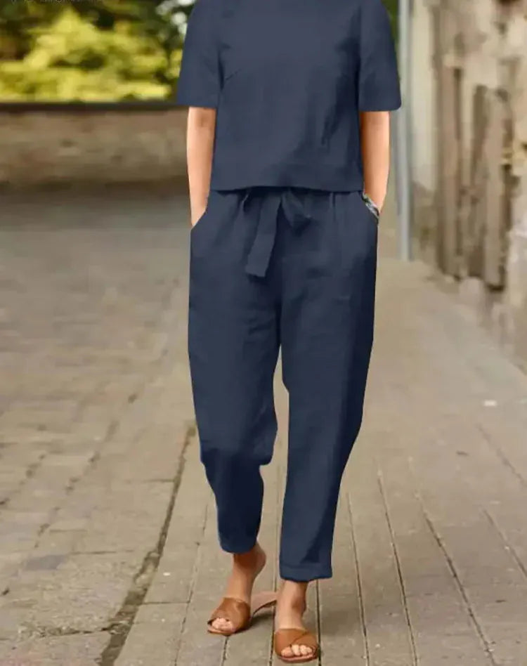 T-line Navy / S Women Short Sleeve Blouse,  Pants , Sets,  2 Pieces Suit, (2 weeks delivery)