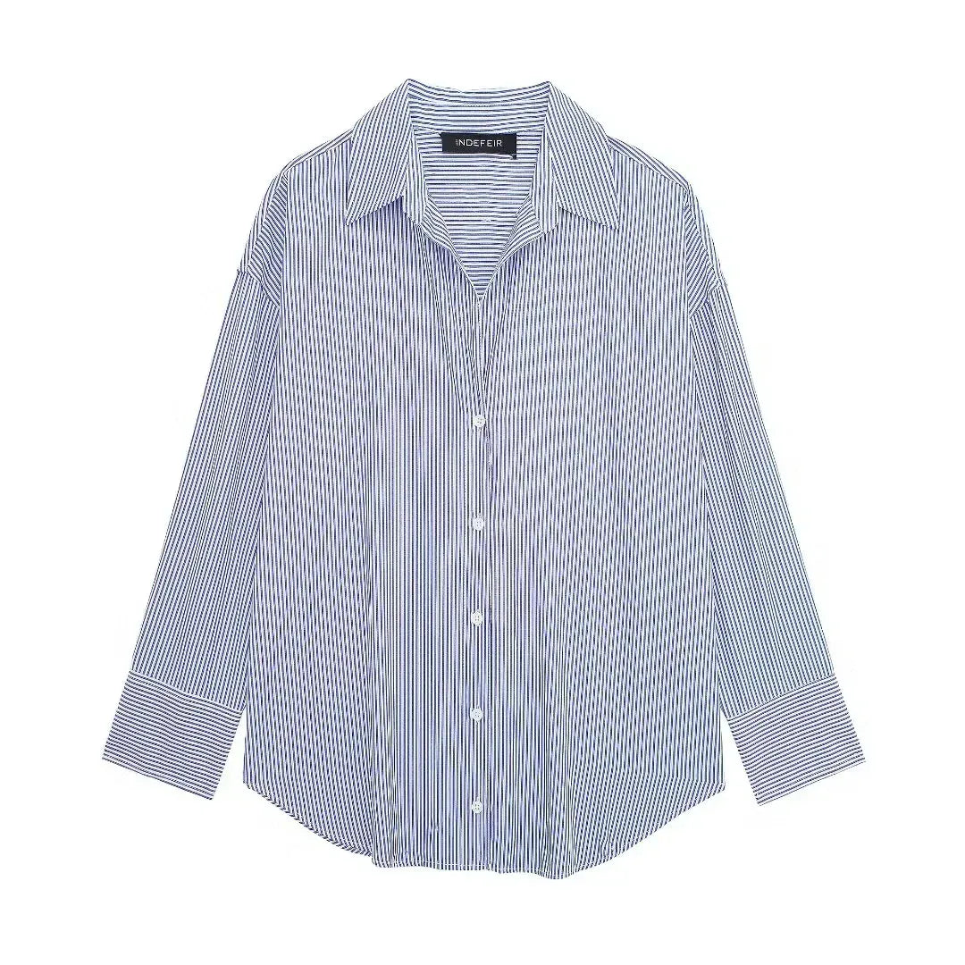 T-line Navy Thin Stripe / XS Women's  Long Sleeve Lapel Blouses, V-neck, Single Breasted, Loose, Shirt, Tops (2 weeks delivery)