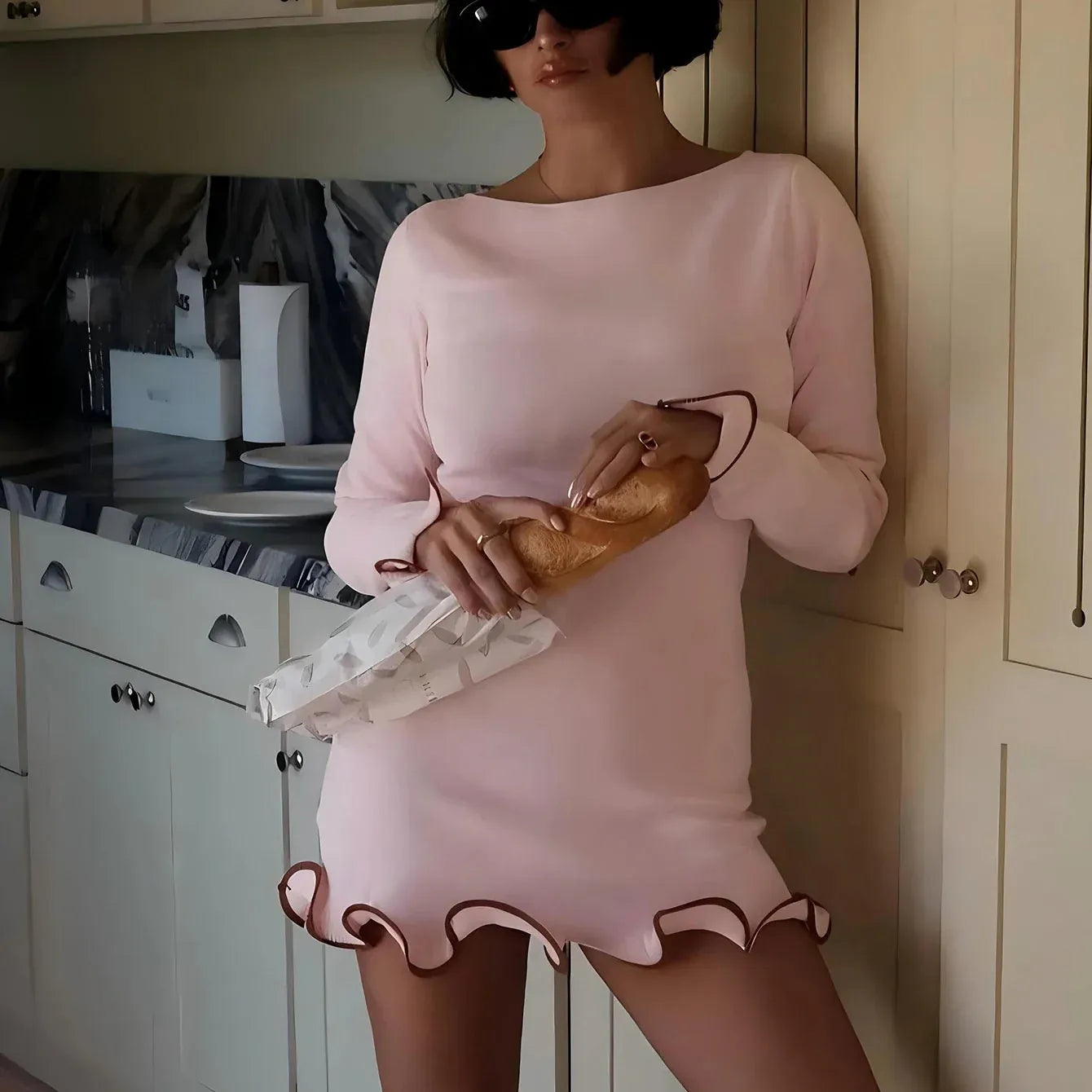 T-line O-Neck, Long Sleeves, Ruffles Patchwork,  Mini Dress,  Autumn / Winter  (2 weeks delivery)