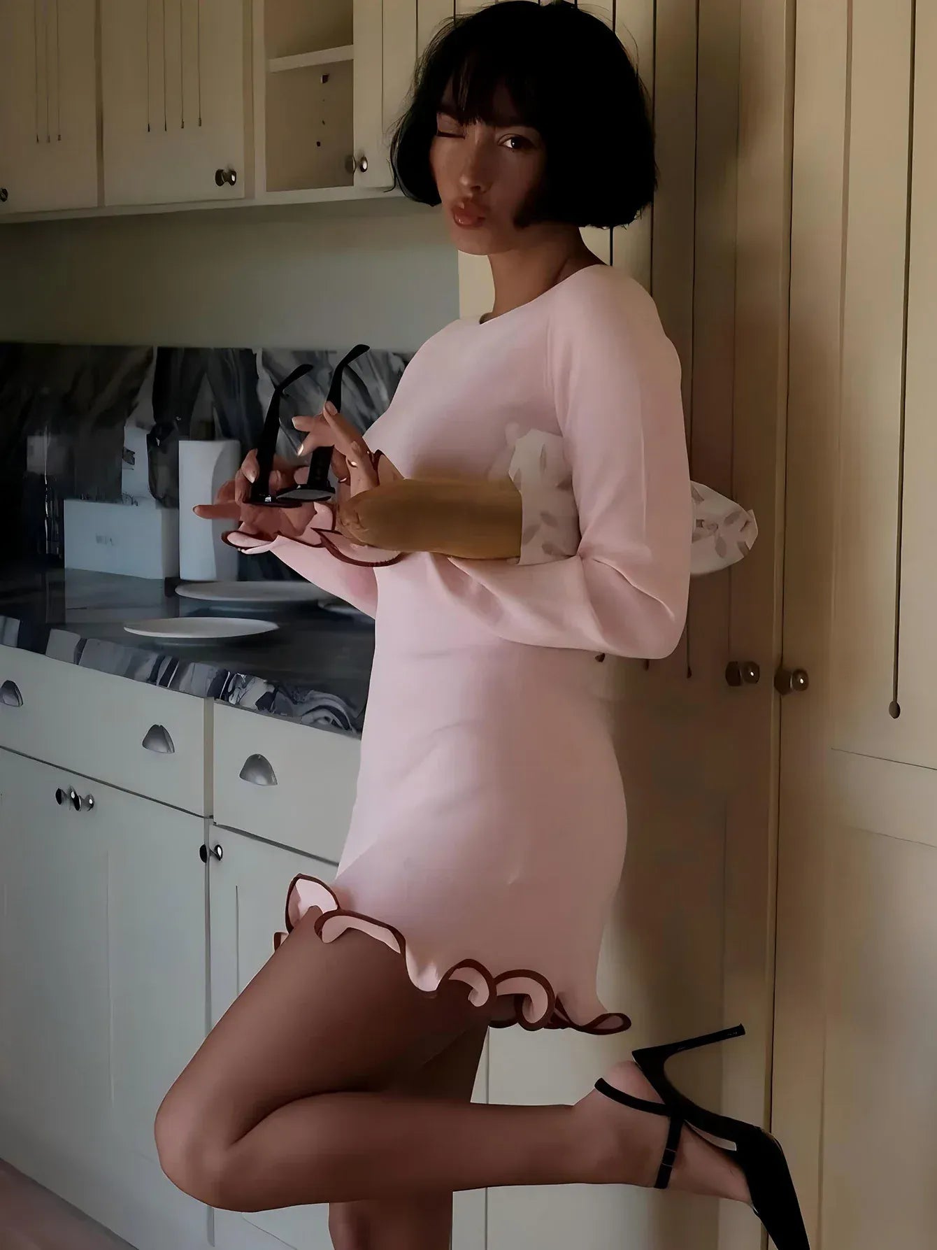 T-line O-Neck, Long Sleeves, Ruffles Patchwork,  Mini Dress,  Autumn / Winter  (2 weeks delivery)