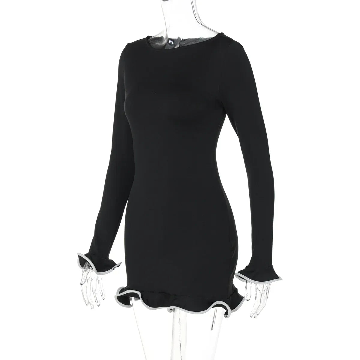 T-line O-Neck, Long Sleeves, Ruffles Patchwork,  Mini Dress,  Autumn / Winter  (2 weeks delivery)