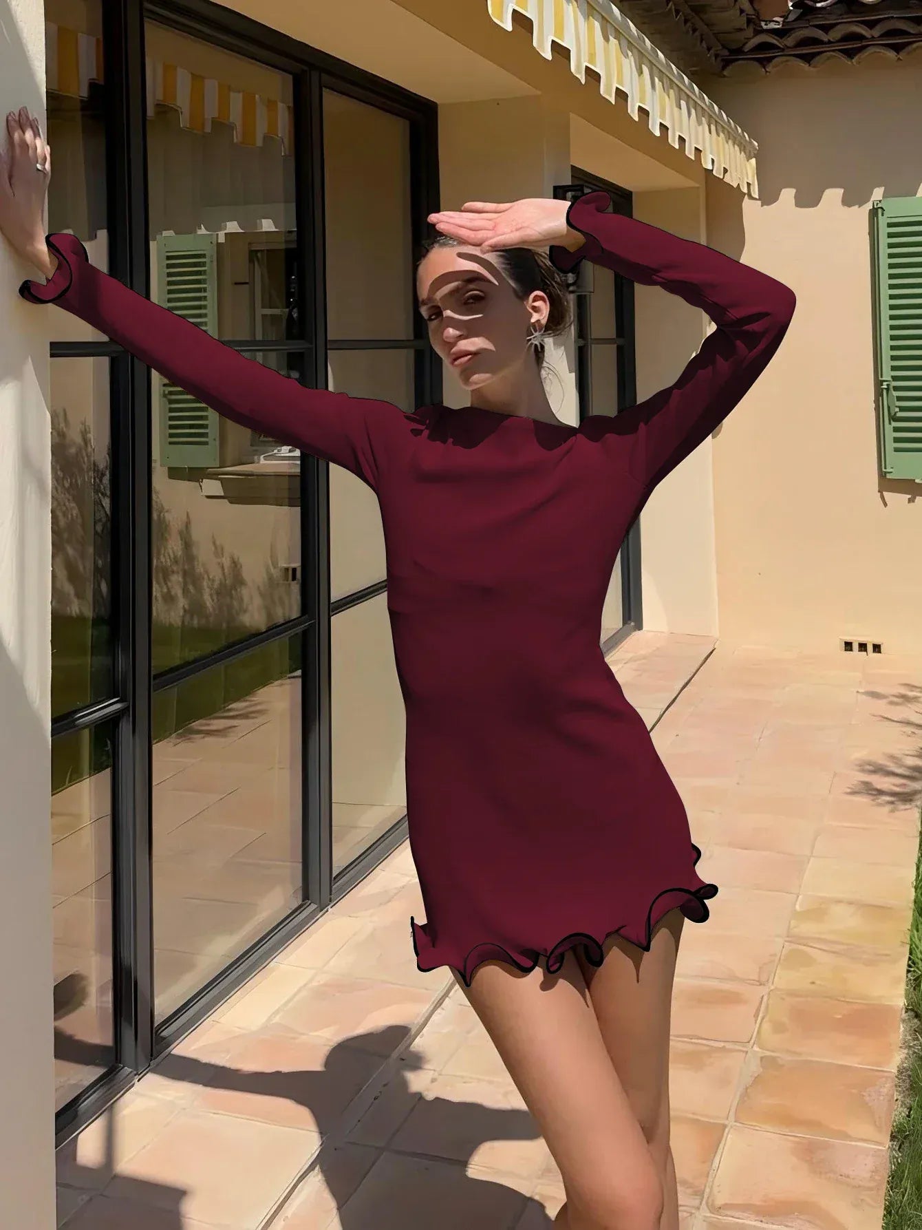 T-line O-Neck, Long Sleeves, Ruffles Patchwork,  Mini Dress,  Autumn / Winter  (2 weeks delivery)