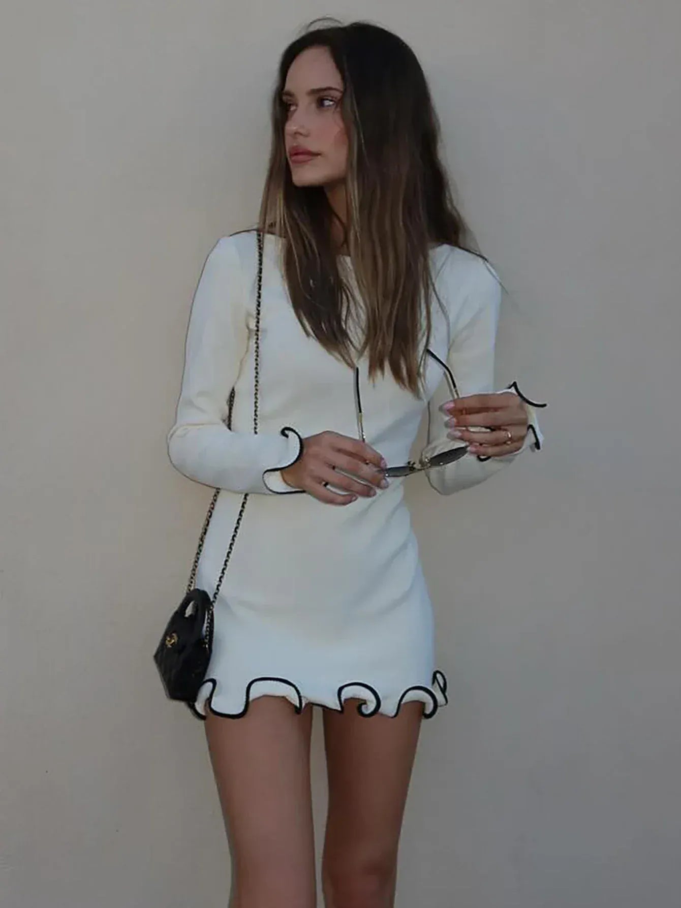 T-line O-Neck, Long Sleeves, Ruffles Patchwork,  Mini Dress,  Autumn / Winter  (2 weeks delivery)