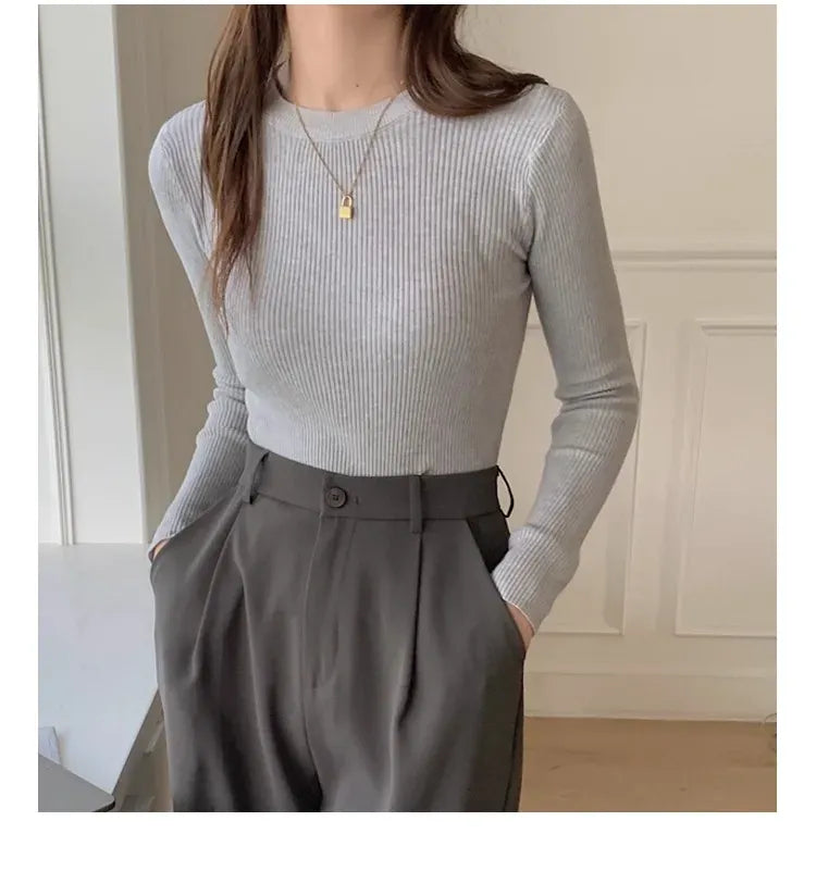 T-line O-neck, Solid, Knit, Slim Pullovers. Autumn Winter  Women Sweater, Female Long Sleeve Warm pullover(2 weeks delivery)