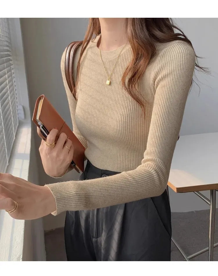 T-line O-neck, Solid, Knit, Slim Pullovers. Autumn Winter  Women Sweater, Female Long Sleeve Warm pullover(2 weeks delivery)