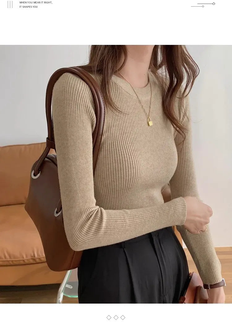 T-line O-neck, Solid, Knit, Slim Pullovers. Autumn Winter  Women Sweater, Female Long Sleeve Warm pullover(2 weeks delivery)