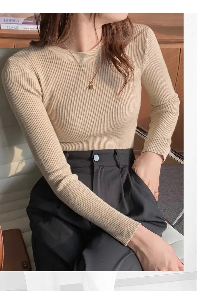 T-line O-neck, Solid, Knit, Slim Pullovers. Autumn Winter  Women Sweater, Female Long Sleeve Warm pullover(2 weeks delivery)