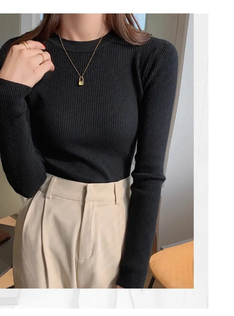 T-line O-neck, Solid, Knit, Slim Pullovers. Autumn Winter  Women Sweater, Female Long Sleeve Warm pullover(2 weeks delivery)