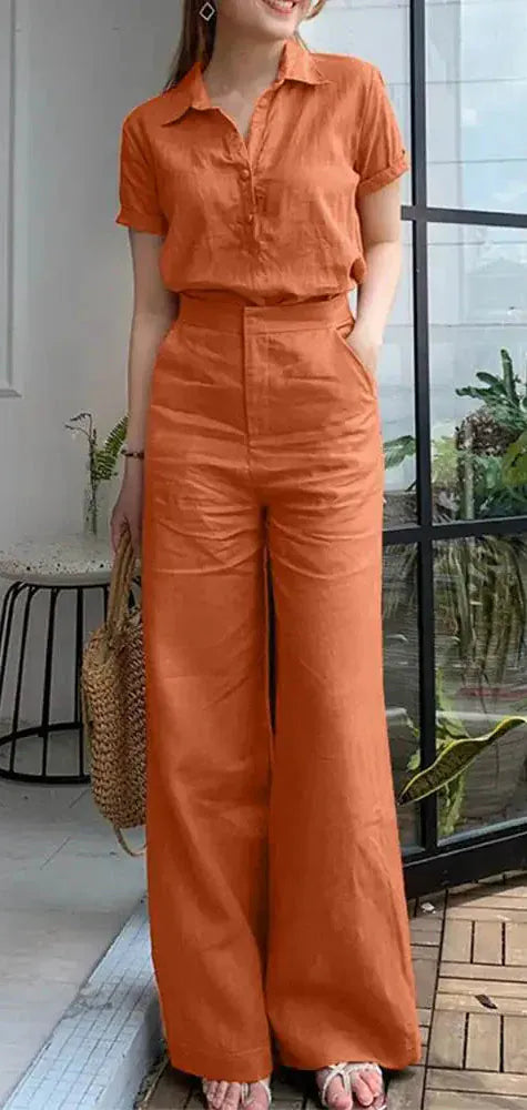 T-line Orange / M Summer Women  Short Sleeve Shirt, Loose Wide Leg Pants,  Suit, set (2 weeks delivery)