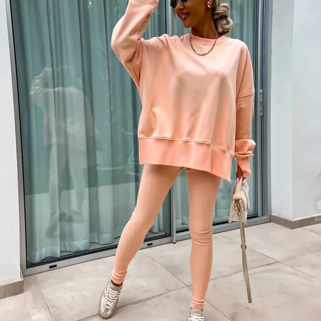 T-line Orange / S solid color round neck loose pullover hoodie  suit,  yoga skinny pants und pullover,  legging,  Female two-piece set (2 weeks delivery)