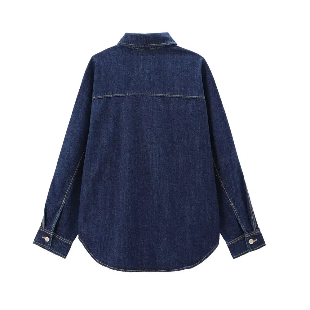 T-line Oversized Denim Shirts, Pockets , Women, Long Sleeve, Button-up, Female Blouses,  Tops (2 weeks delivery)