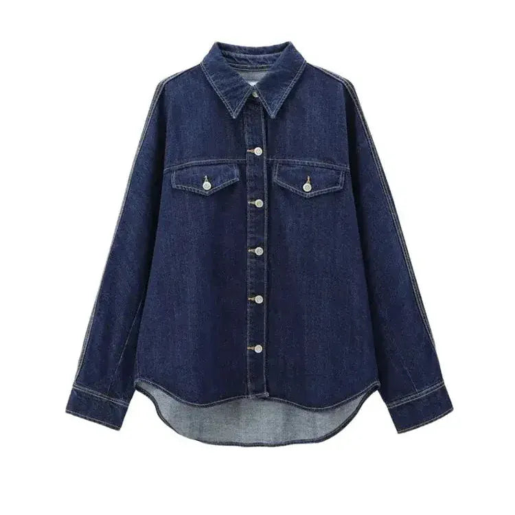T-line Oversized Denim Shirts, Pockets , Women, Long Sleeve, Button-up, Female Blouses,  Tops (2 weeks delivery)