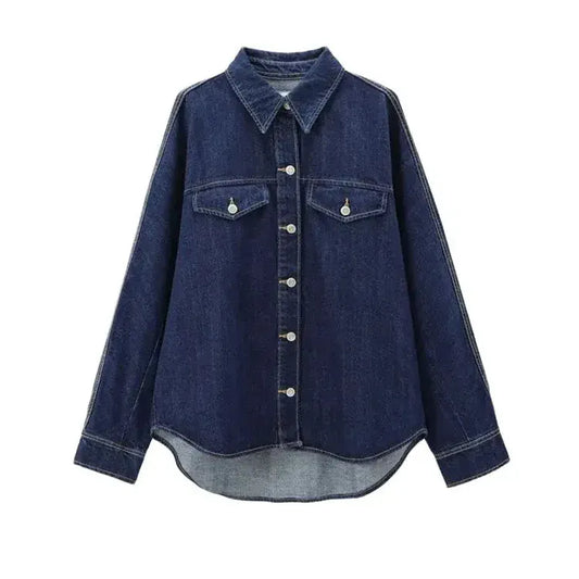T-line Oversized Denim Shirts, Pockets , Women, Long Sleeve, Button-up, Female Blouses,  Tops (2 weeks delivery)