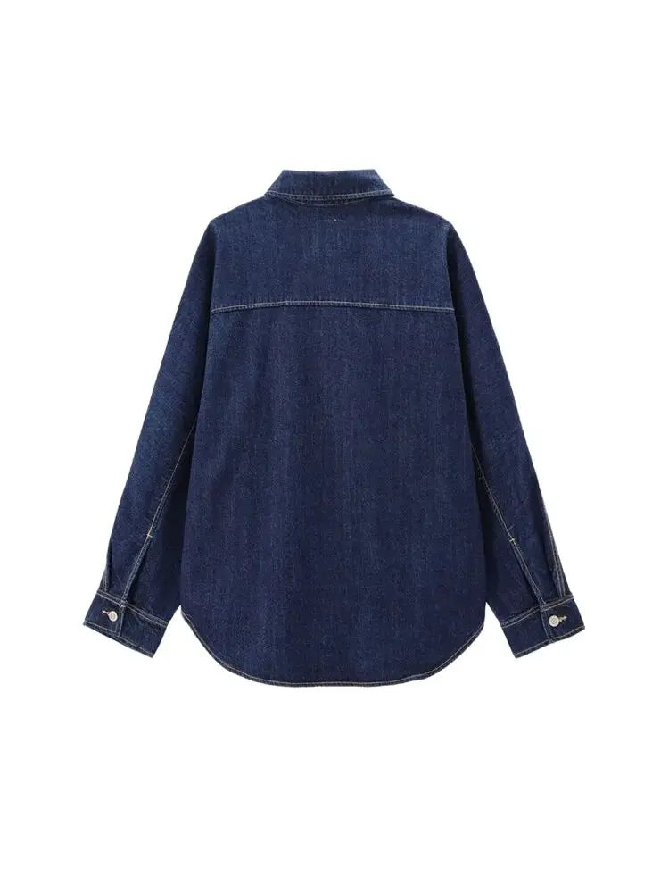 T-line Oversized Denim Shirts, Pockets , Women, Long Sleeve, Button-up, Female Blouses,  Tops (2 weeks delivery)