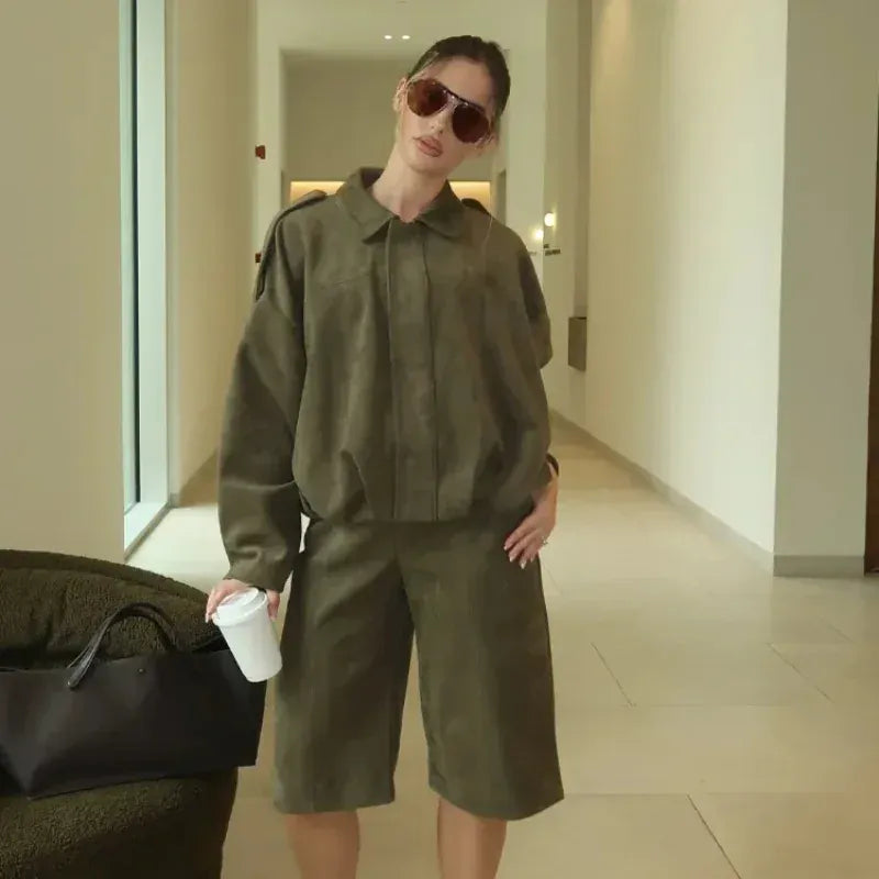 T-line Pants set / M Women's 2026 Spring New 2-piece Fashion Suede Casual Minimalist Pilot Jacket and Shorts Skirt Set