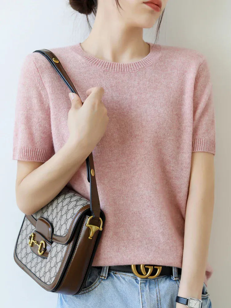 T-line Pink / M / CHINA Short-sleeved Knitwear Women O-neck T-shirt,  Wool, Cotton Pullover, Sweater, Solid, Soft (2 weeks delivery)