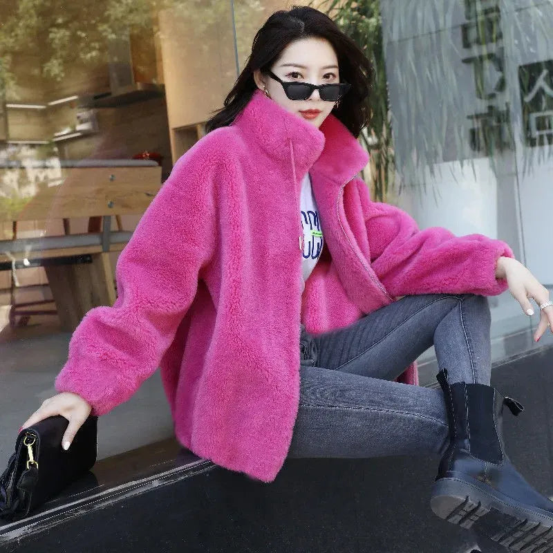T-line Pink / M Women Winter Double  Fleece Warm Coat, Thick Overcoat Female, Long Sleeve Zipper Clothes(2 weeks delivery)