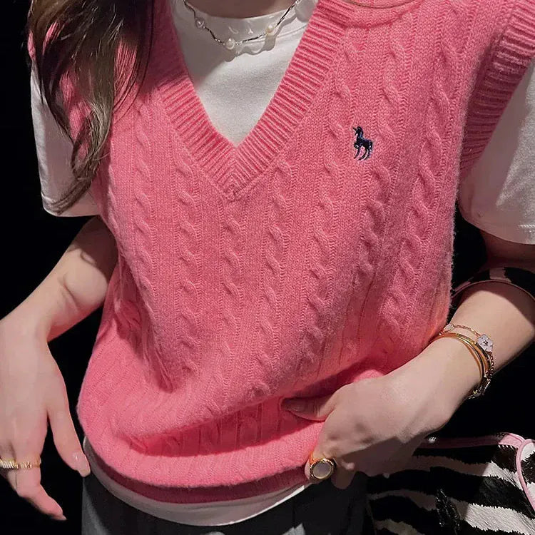 T-line Pink / One Size V-neck Knitted Vest Women , Solid, Pullover,Sweater  Spring Autumn Top (2 weeks delivery)