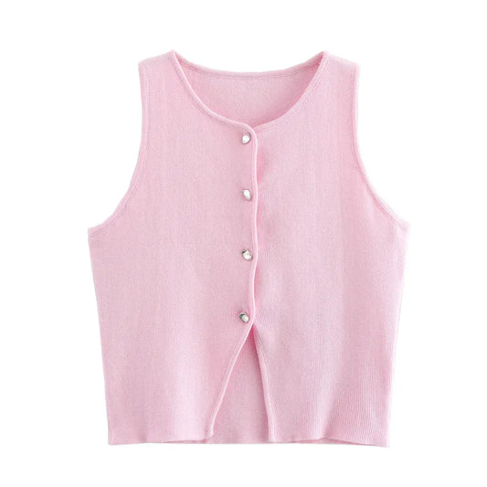 T-line Pink / S Knit Sleeveless Vest Women, Sweater, Vest Top,  Button  (2 weeks delivery)