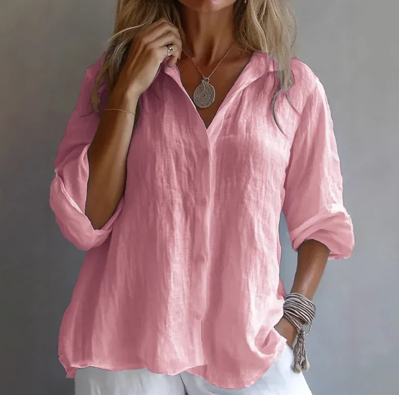 T-line Pink / S Long Sleeve, Pure Color, Women Cotton, Linen, Button, blouse (2 weeks delivery)