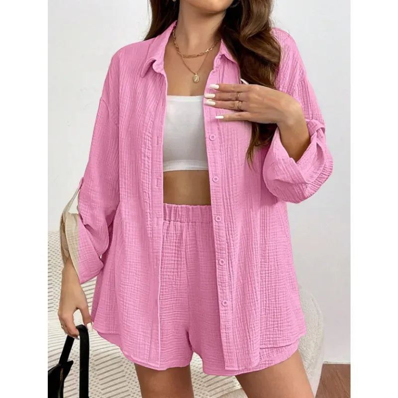 T-line Pink / S Loose Short Pants Sets For Women, Women's Two Pieces Suit, shirt (2 weeks delivery)