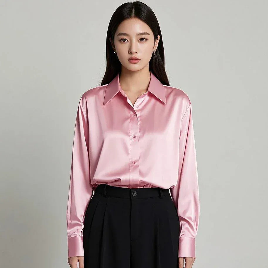 T-line Pink / S Shirt, Blouses For Women, Satin, Multicolor, Basic Slim Shirt, Solid All-Match, Top ,  (2 weeks delivery)