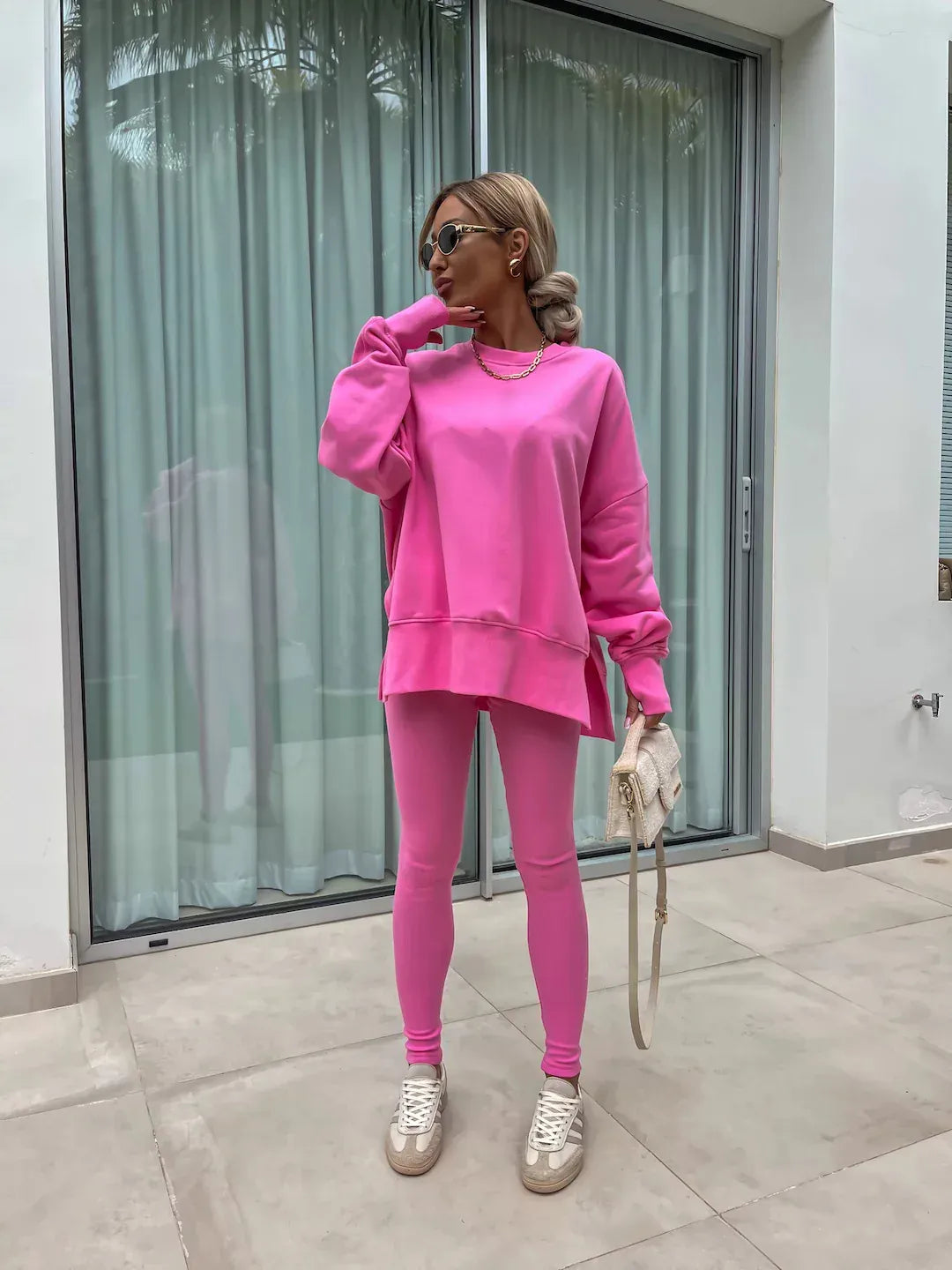 T-line Pink / S solid color round neck loose pullover hoodie  suit,  yoga skinny pants und pullover,  legging,  Female two-piece set (2 weeks delivery)