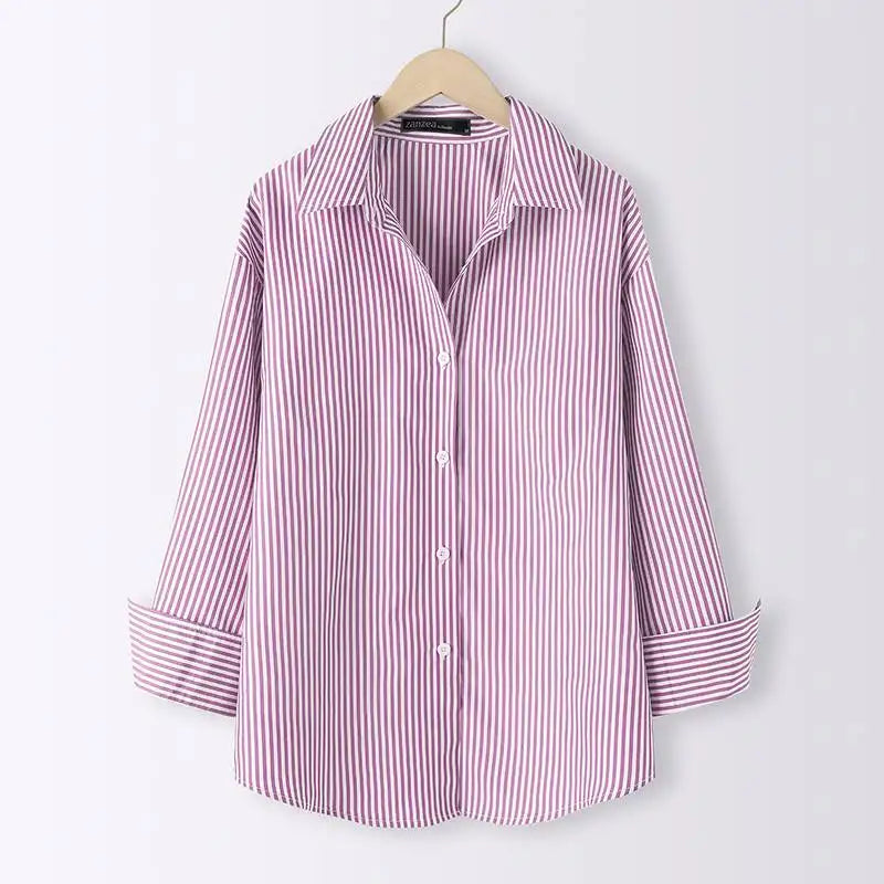 T-line Pink / S Women Striped Blouse, Shirts, Loose, Long Sleeve,  Button Up,  Tops (2 weeks delivery)