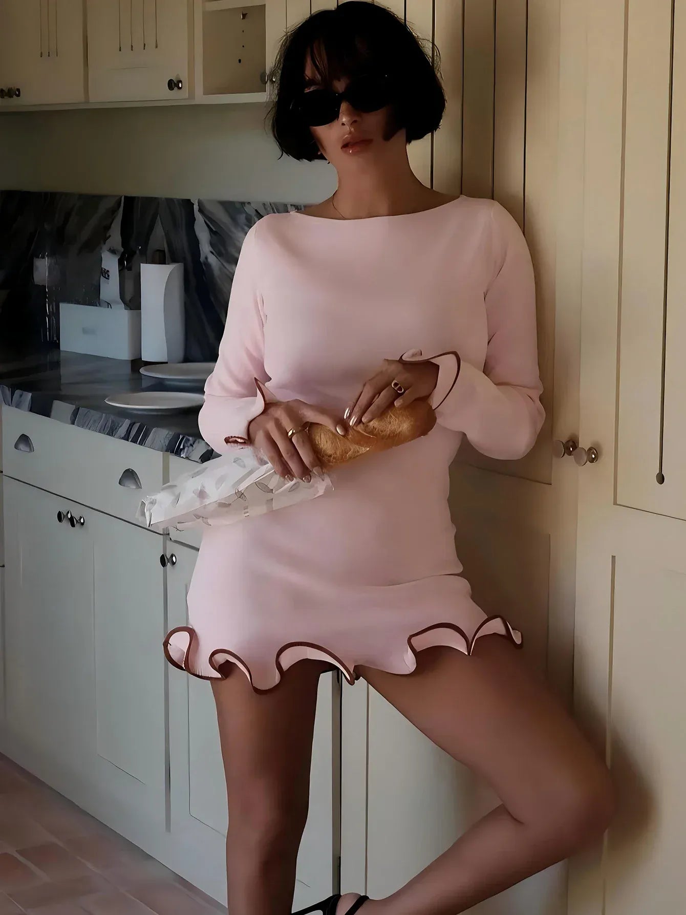 T-line Pink / XS O-Neck, Long Sleeves, Ruffles Patchwork,  Mini Dress,  Autumn / Winter  (2 weeks delivery)