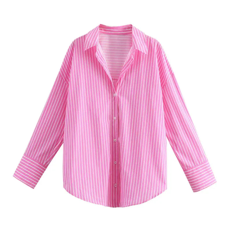 T-line Pink / XS women's  striped, long sleeve, lapel, loose,  poplin shirt multi-color (2 weeks delivery)
