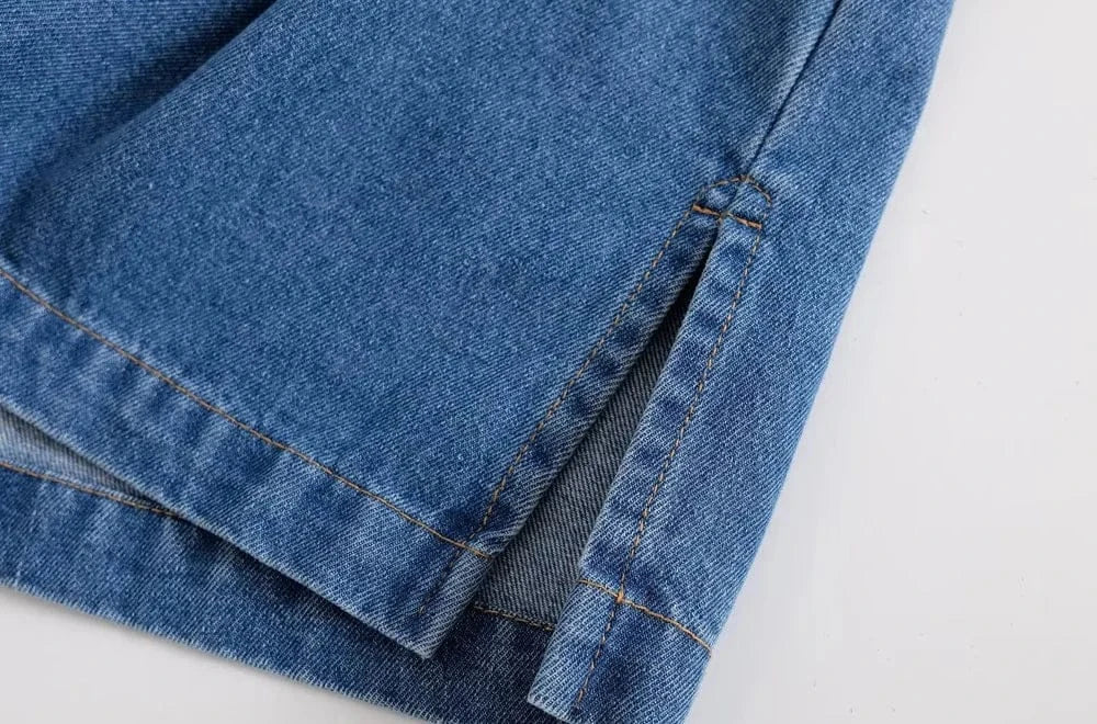 T-line Pockets Denim, Loose Shirts,  High  Waist,  Wide Leg Pants, Female Two Piece Sets, suit, jeans, pant. trouser, (2 weeks delivery)