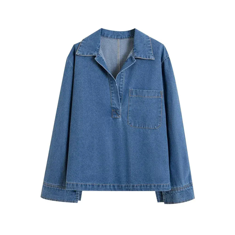 T-line Pockets Denim, Loose Shirts,  High  Waist,  Wide Leg Pants, Female Two Piece Sets, suit, jeans, pant. trouser, (2 weeks delivery)