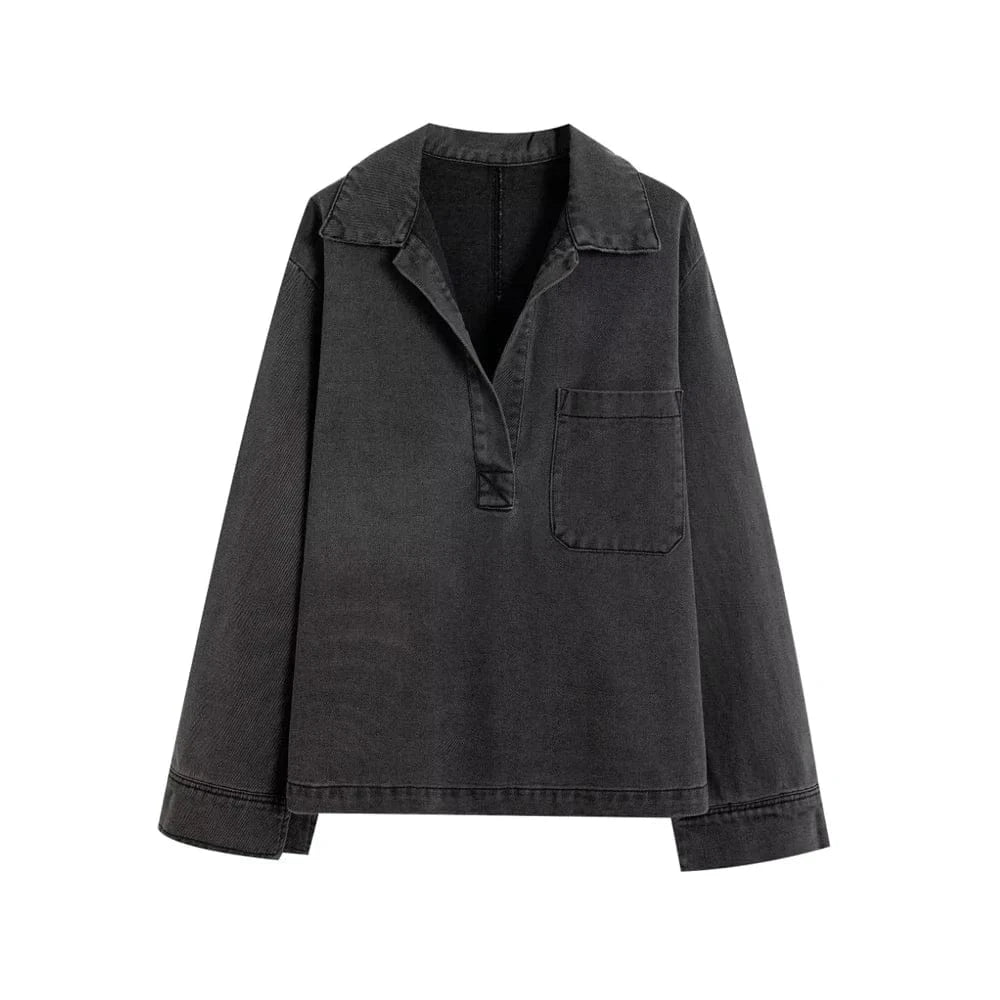 T-line Pockets Denim, Loose Shirts,  High  Waist,  Wide Leg Pants, Female Two Piece Sets, suit, jeans, pant. trouser, (2 weeks delivery)