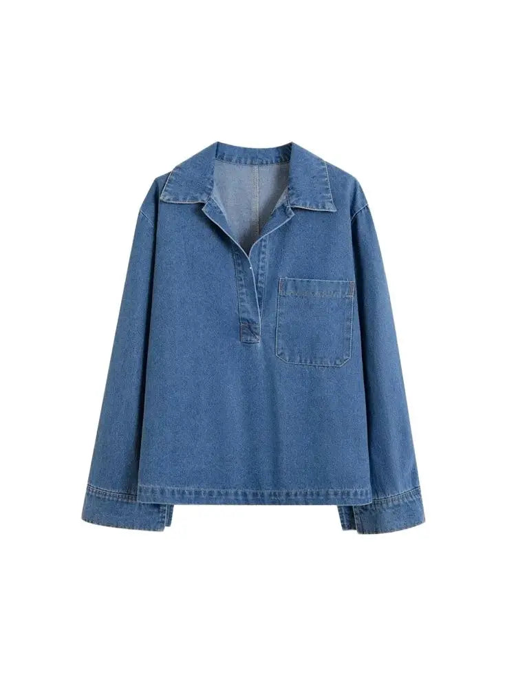 T-line Pockets Denim, Loose Shirts,  High  Waist,  Wide Leg Pants, Female Two Piece Sets, suit, jeans, pant. trouser, (2 weeks delivery)