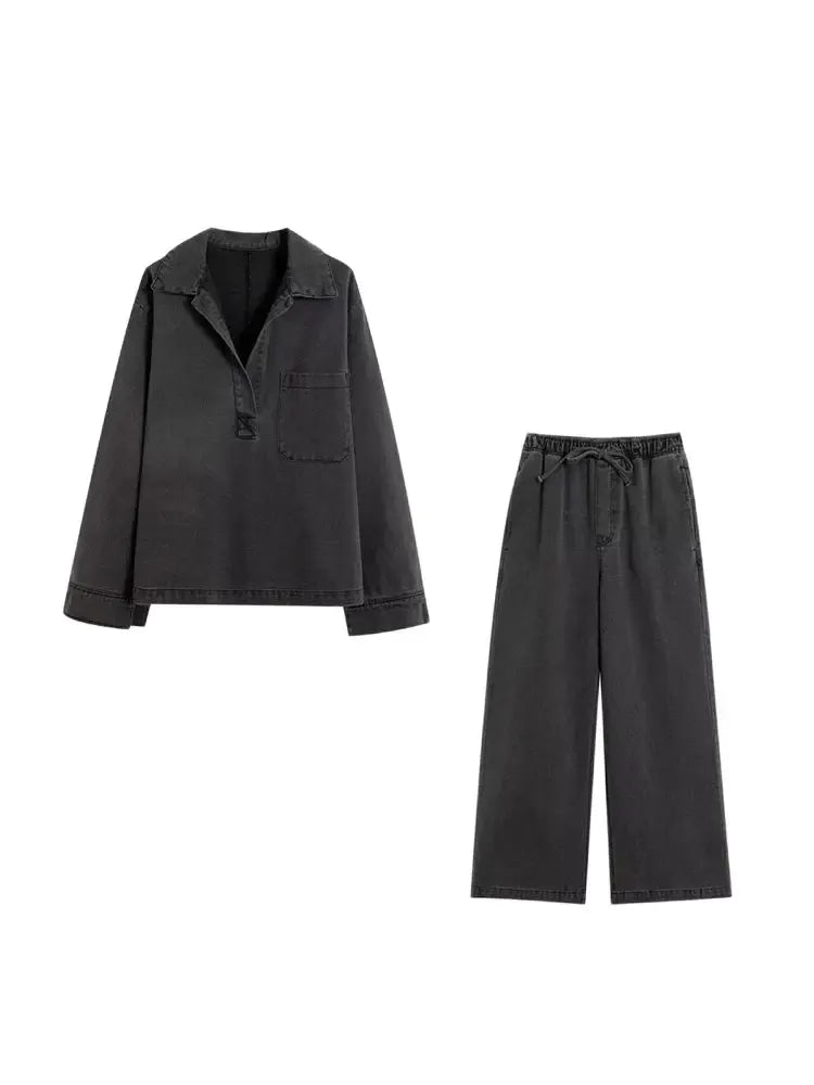 T-line Pockets Denim, Loose Shirts,  High  Waist,  Wide Leg Pants, Female Two Piece Sets, suit, jeans, pant. trouser, (2 weeks delivery)