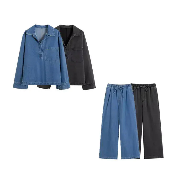 T-line Pockets Denim, Loose Shirts,  High  Waist,  Wide Leg Pants, Female Two Piece Sets, suit, jeans, pant. trouser, (2 weeks delivery)