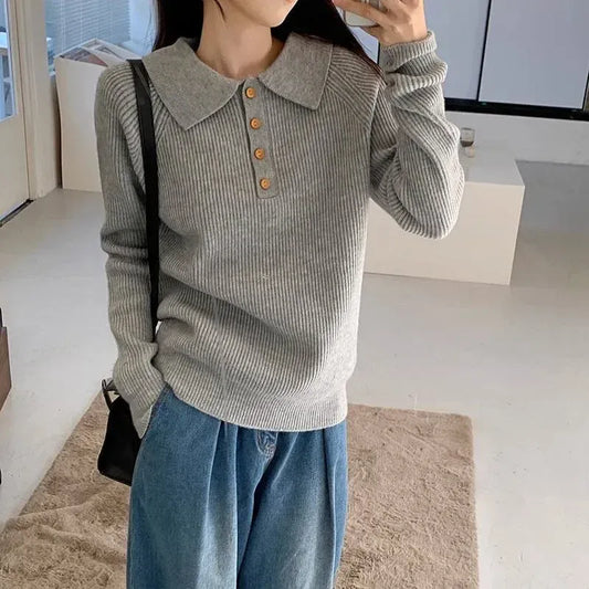 T-line Polo Collar Knitted Women's Sweater, Pure Color, Autumn / Winter (2 weeks delivery)