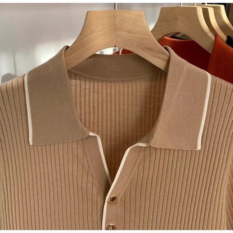 T-line Polo Neck Ice Silk T-Shirt Knitted , Short Sleeve , Slim  Women's  Sweatshirt (5 - 10  work days free delivery)