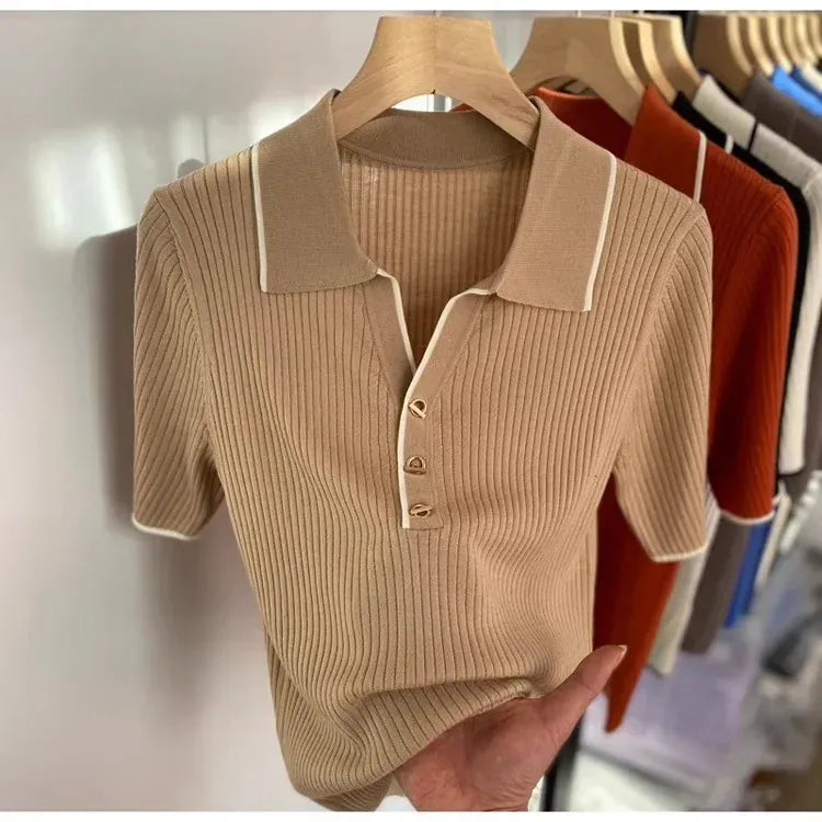 T-line Polo Neck Ice Silk T-Shirt Knitted , Short Sleeve , Slim  Women's  Sweatshirt (5 - 10  work days free delivery)